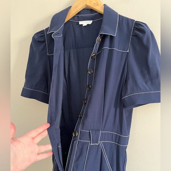 A LOVES A blue contrast stitch retro inspired wide leg button front jumpsuit - Picture 7 of 9